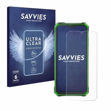 Front side of a product packaging with the brand logo Savvies. Next to it is the device Blackview BV7100 shown with the corres