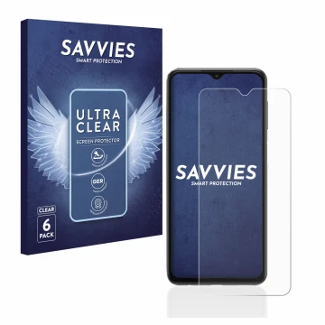 Front side of a product packaging with the brand logo Savvies. Next to it is the device Samsung Galaxy A23 5G shown with the c