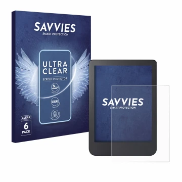 Front side of a product packaging with the brand logo Savvies. Next to it is the device Kobo Clara 2E shown with the correspon