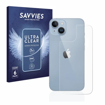 Front side of a product packaging with the brand logo Savvies. Next to it is the device Apple iPhone 14 (Back) shown with the 