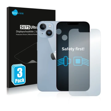 Front side of a product packaging with the brand logo Savvies. Next to it is the device Apple iPhone 14 (Front+Camera) shown w