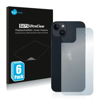 Front side of a product packaging with the brand logo Savvies. Next to it is the device Apple iPhone 14 Plus (Back) shown with