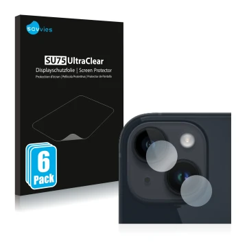 Front side of a product packaging with the brand logo Savvies. Next to it is the device Apple iPhone 14 Plus (ONLY Camera Lens