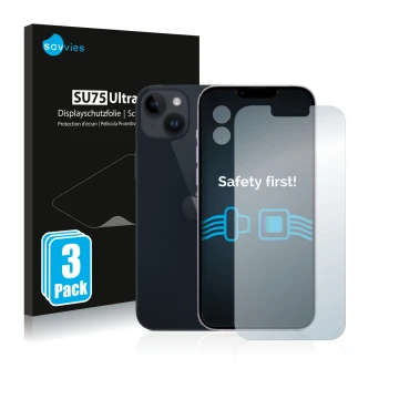 Front side of a product packaging with the brand logo Savvies. Next to it is the device Apple iPhone 14 Plus (Front+Camera) sh