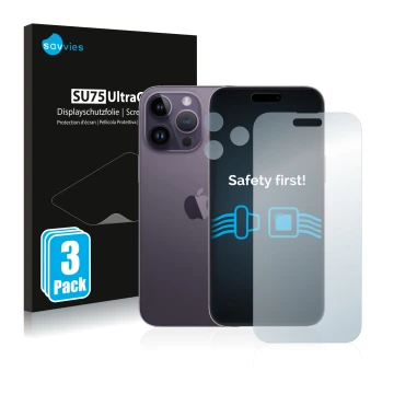 Front side of a product packaging with the brand logo Savvies. Next to it is the device Apple iPhone 14 Pro Max (Front+Camera)