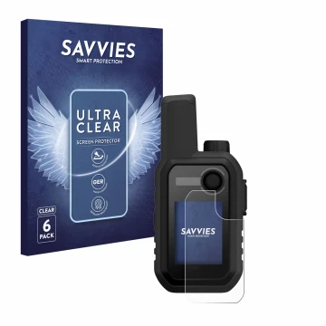 Front side of a product packaging with the brand logo Savvies. Next to it is the device Garmin Alpha 10 K shown with the corre