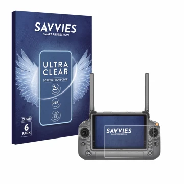 Front side of a product packaging with the brand logo Savvies. Next to it is the device DJI RC Plus shown with the correspondi