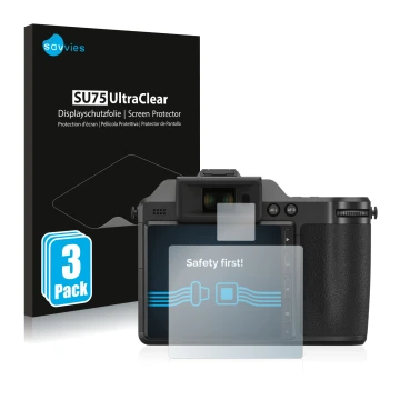 Front side of a product packaging with the brand logo Savvies. Next to it is the device Hasselblad X2D 100C shown with the cor