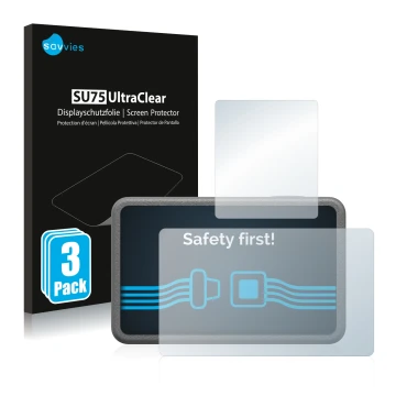 Front side of a product packaging with the brand logo Savvies. Next to it is the device DJI Osmo Action 3 shown with the corre