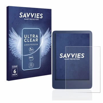 Front side of a product packaging with the brand logo Savvies. Next to it is the device Amazon Kindle Reader 2022 shown with t