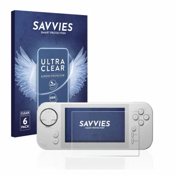 Front side of a product packaging with the brand logo Savvies. Next to it is the device Evercade EXP shown with the correspond