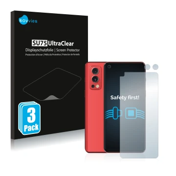 Front side of a product packaging with the brand logo Savvies. Next to it is the device OnePlus Nord 2 5G (Front+Camera) shown
