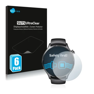 Front side of a product packaging with the brand logo Savvies. Next to it is the device Xiaomi Watch S1 Pro shown with the cor