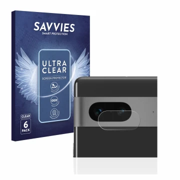 Front side of a product packaging with the brand logo Savvies. Next to it is the device Google Pixel 7 (ONLY Camera Lens) show