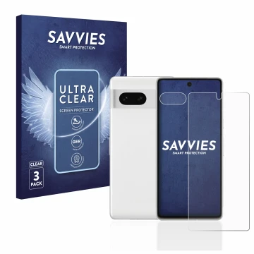 Front side of a product packaging with the brand logo Savvies. Next to it is the device Google Pixel 7 (Front+Camera) shown wi