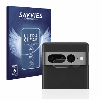 Front side of a product packaging with the brand logo Savvies. Next to it is the device Google Pixel 7 Pro (ONLY Camera Lens) 