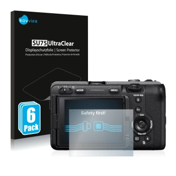 Front side of a product packaging with the brand logo Savvies. Next to it is the device Sony Alpha FX30 Cinema Line shown with