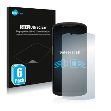 Front side of a product packaging with the brand logo Savvies. Next to it is the device Zebra TC58 shown with the correspondin