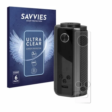 Front side of a product packaging with the brand logo Savvies. Next to it is the device Vaporesso Target 200 Mod shown with th