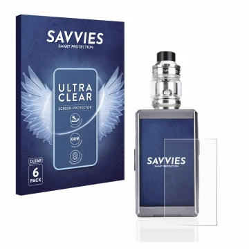 Front side of a product packaging with the brand logo Savvies. Next to it is the device GeekVape T200 shown with the correspon