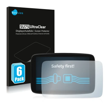 Front side of a product packaging with the brand logo Savvies. Next to it is the device TomTom GO Camper Max shown with the co