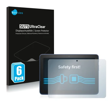 Front side of a product packaging with the brand logo Savvies. Next to it is the device Amazon Fire HD 8 2022 shown with the c