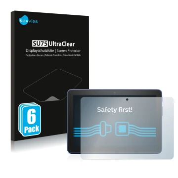 Front side of a product packaging with the brand logo Savvies. Next to it is the device Amazon Fire HD 8 Plus 2022 shown with 