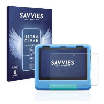 Front side of a product packaging with the brand logo Savvies. Next to it is the device Amazon Fire HD 8 Kids 2022 shown with 