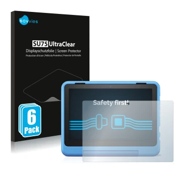 Front side of a product packaging with the brand logo Savvies. Next to it is the device Amazon Fire HD 8 Kids Pro 2022 shown w