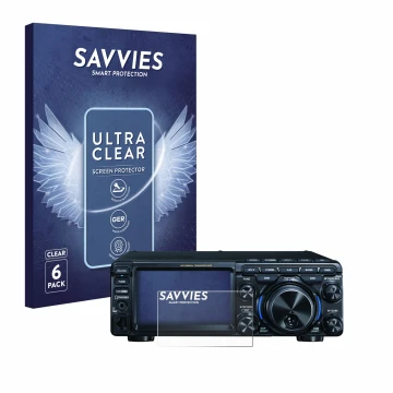 Front side of a product packaging with the brand logo Savvies. Next to it is the device Yaesu FT-710 shown with the correspond