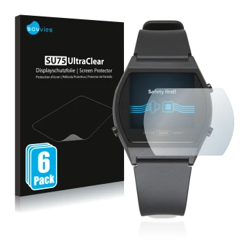 Front side of a product packaging with the brand logo Savvies. Next to it is the device Casio LW-204-1BEF shown with the corre