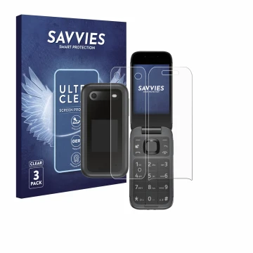 Front side of a product packaging with the brand logo Savvies. Next to it is the device Nokia 2660 Flip (Front+Back) shown wit
