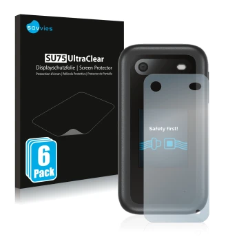 Front side of a product packaging with the brand logo Savvies. Next to it is the device Nokia 2660 Flip (Back) shown with the 