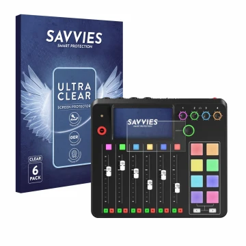 Front side of a product packaging with the brand logo Savvies. Next to it is the device Rode Rodecaster Pro II shown with the 