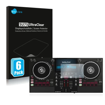 Front side of a product packaging with the brand logo Savvies. Next to it is the device Numark Mixstream Pro shown with the co