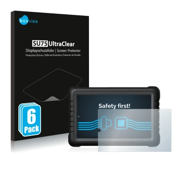 Front side of a product packaging with the brand logo Savvies. Next to it is the device Launch X-431 PROS V 8