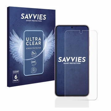 Front side of a product packaging with the brand logo Savvies. Next to it is the device Samsung Galaxy S23 shown with the corr