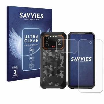 Front side of a product packaging with the brand logo Savvies. Next to it is the device iiiF150 B1 Pro (Front+Camera) shown wi