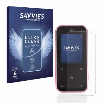 Front side of a product packaging with the brand logo Savvies. Next to it is the device Vtech Kidizoom Snap Touch shown with t