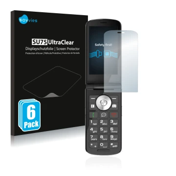 Front side of a product packaging with the brand logo Savvies. Next to it is the device Emporia TOUCHsmart.2 shown with the co
