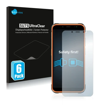 Front side of a product packaging with the brand logo Savvies. Next to it is the device Ulefone Power Armor 16 Pro shown with 