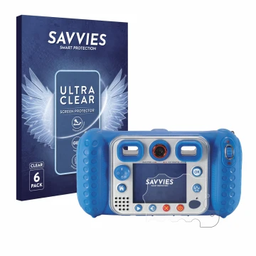 Front side of a product packaging with the brand logo Savvies. Next to it is the device Vtech Kidizoom Duo Pro shown with the 