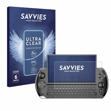 Front side of a product packaging with the brand logo Savvies. Next to it is the device GPD Win 4 shown with the corresponding