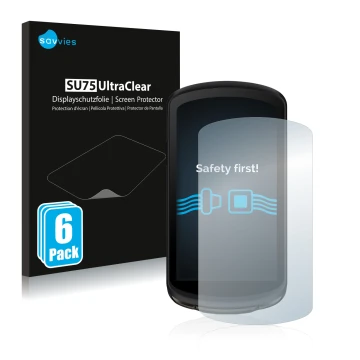 Front side of a product packaging with the brand logo Savvies. Next to it is the device Garmin Edge 1040 Solar shown with the 