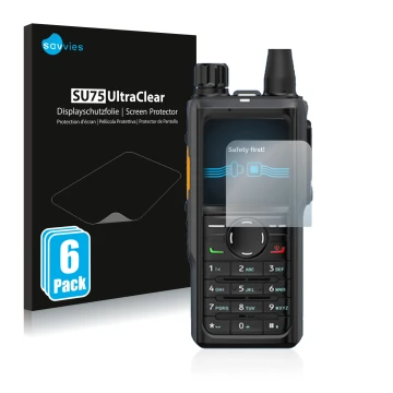 Front side of a product packaging with the brand logo Savvies. Next to it is the device Hytera HP 685 shown with the correspon