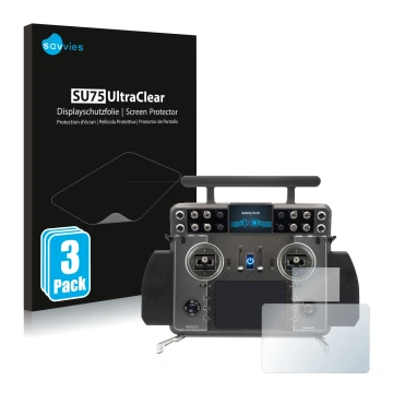 Front side of a product packaging with the brand logo Savvies. Next to it is the device FrSky Tandem XE 2 shown with the corre