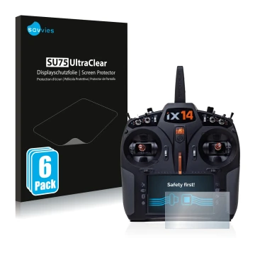 Front side of a product packaging with the brand logo Savvies. Next to it is the device Spektrum iX14 shown with the correspon