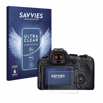 Front side of a product packaging with the brand logo Savvies. Next to it is the device Canon EOS R6 Mark II shown with the co