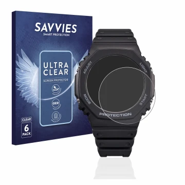 Front side of a product packaging with the brand logo Savvies. Next to it is the device Casio G-Shock GA-B2100 shown with the 