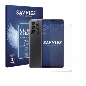 Front side of a product packaging with the brand logo Savvies. Next to it is the device Samsung Galaxy A23 5G (Front+Camera) s